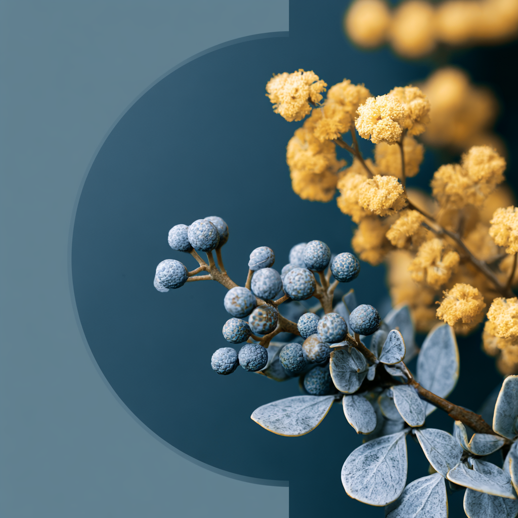 Close detail of golden wattle blossom beside navy berries