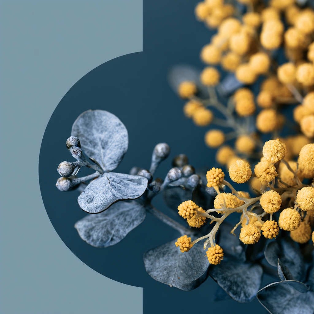 Navy-toned branch with frosted berries beside golden wattle blossom