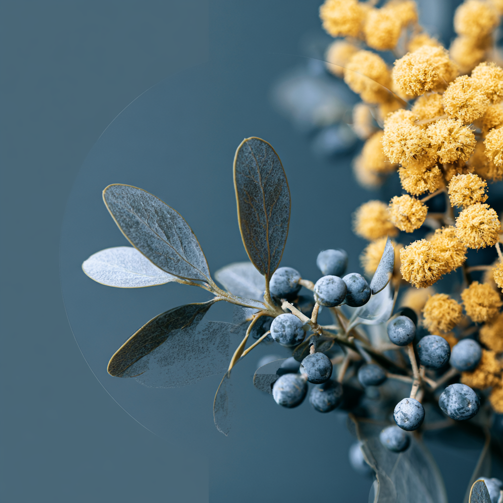 Close detail of navy-toned leaves and berries beside golden wattle blossom